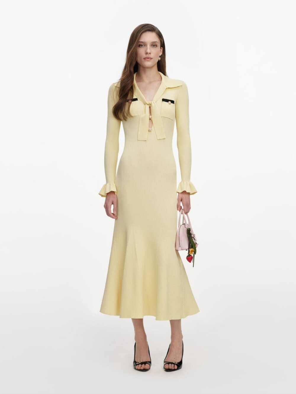 Self Portrait Yellow Viscose Knit Tie Midi Dress